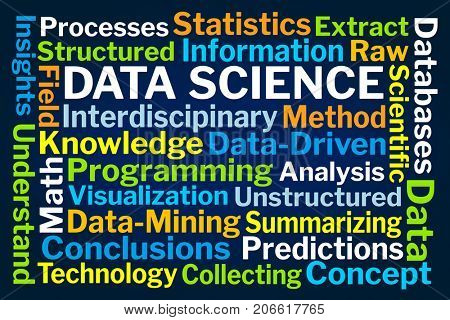 Data Science Word Cloud on Blue Background