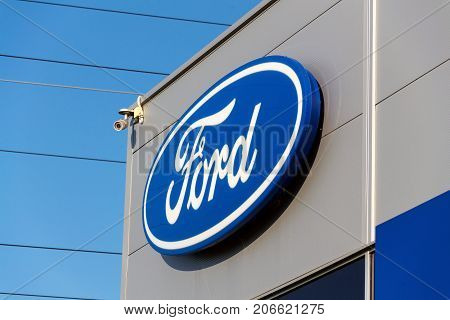Prague, Czech Republic - September 29: Ford Motor Company Logo On Dealership Building On September 2