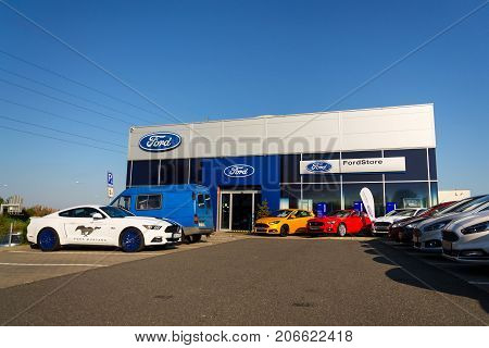 Prague, Czech Republic - September 29: Cars In Front Of Ford Motor Company Dealership Building On Se