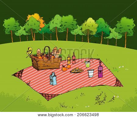 Outdoor picnic in park Hand drawn stylevector background illustration