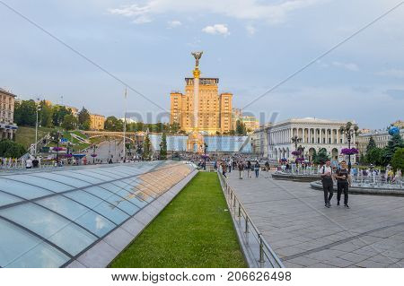 KIEV UKRAINE - JUNE 05 : The Maidan Nezalezhnosti in Kiev Ukraine on 05 June 2017 it is one of the city's main squares located on Khreshchatyk Street