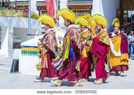 LEH INDIA - SEPTEMBER 20 2017: Buddhist Tibeti monks Participates in the Ladakh Festival in Leh India on September 20 2017