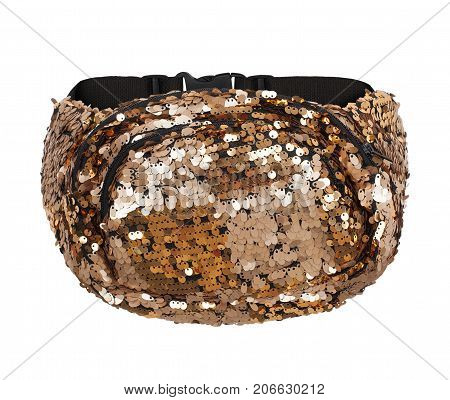 Luxurious beautiful gold shiny waist bag in sequins on a white background