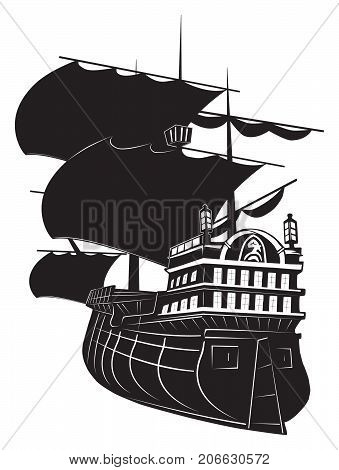 vintage sailing ship black on white background