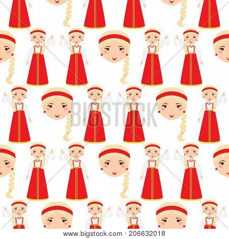 Beautiful woman in Russian traditional headscarf russian nation costume girl seamless pattern background vector illustration. Village style tradition ethnicity lady.