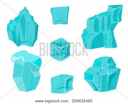 Realistic ice caps snowdrifts and icicles broken piece bit lump cold frozen block crystal winter decor vector illustration. Ice cube 3d snowy cartoon style blue frosty cube bar.