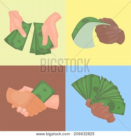 Hands holding dollars and money bills. Vector illustration in flat style. Businessman financial rich people body part. Success banknote currency cash.