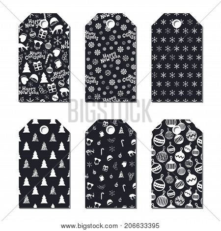 Christmas New Year gift tags. Cards xmas silver set. Hand drawn element. Collection of holiday paper label in black and white. Seasonal badge sale design. Glitter texture. Print. Vector illustration