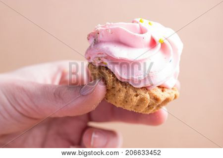 pink cupcake in a hand. close up