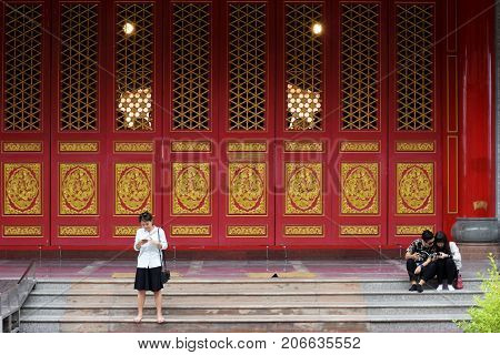 Thai People And Foreigner Travelers Visit And Pray Respect At Chinese Temple
