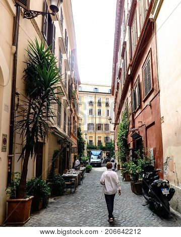 : Narrow Street Of Cobblestones Typical Of Rome Called 