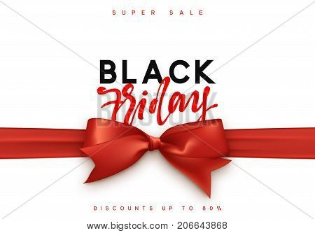 Black Friday sale, banner, poster advert. Card offert promotion design. Background red ribbon bow.