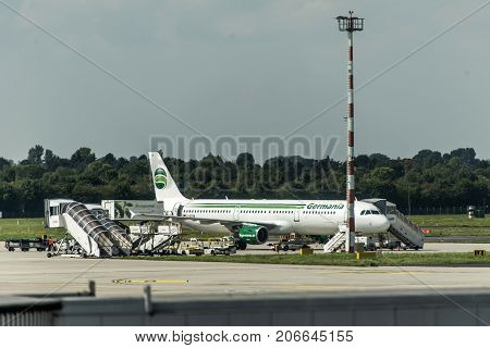 DUESSELDORF GERMANY - September 2017 Germania Airbus A321-211 parking at the German Airport being loadeing