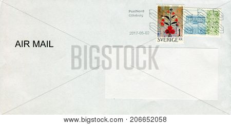GOMEL, BELARUS - AUGUST 12, 2017: Old envelope which was dispatched from Sweden to Gomel, Belarus, August 12, 2017. 