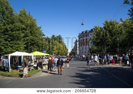 Copenhagen, Denmark - September 03, 2017: People at a flea market in Stefansgade in Norrebro district