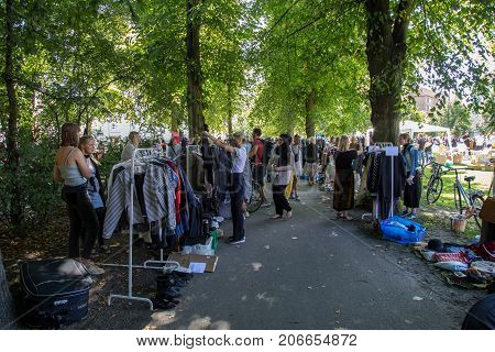 Copenhagen, Denmark - September 03, 2017: People at a flea market in Stefansgade in Norrebro district