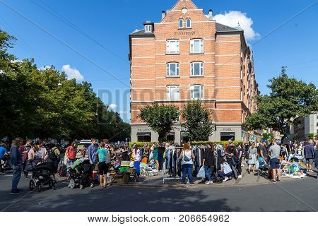 Copenhagen, Denmark - September 03, 2017: People at a flea market in Stefansgade in Norrebro district