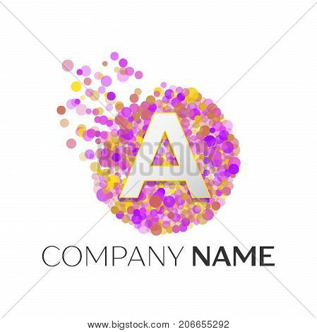 Realistic Letter A logo with red, purle, yellow particles and bubble dots in circle on white background. Vector template for your design