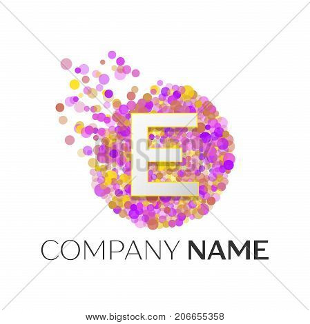 Realistic Letter E logo with red, purle, yellow particles and bubble dots in circle on white background. Vector template for your design