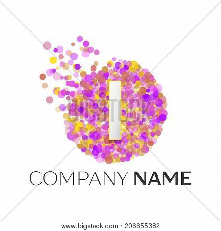 Realistic Letter I logo with red, purle, yellow particles and bubble dots in circle on white background. Vector template for your design