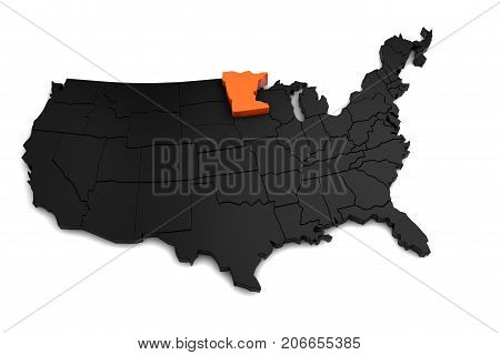 United States of America, 3d black map, with Minnesota state highlighted in orange. 3d render