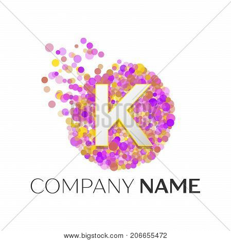 Realistic Letter K logo with red, purle, yellow particles and bubble dots in circle on white background. Vector template for your design