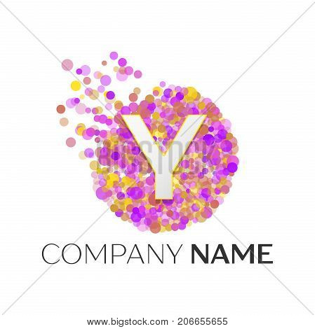 Realistic Letter Y logo with red, purle, yellow particles and bubble dots in circle on white background. Vector template for your design