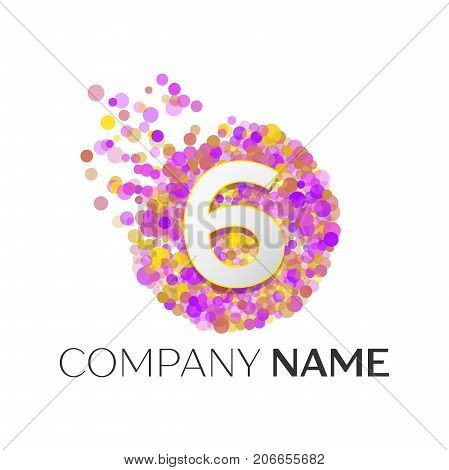 Realistic Number six logo with red, purle, yellow particles and bubble dots in circle on white background. Vector template for your design
