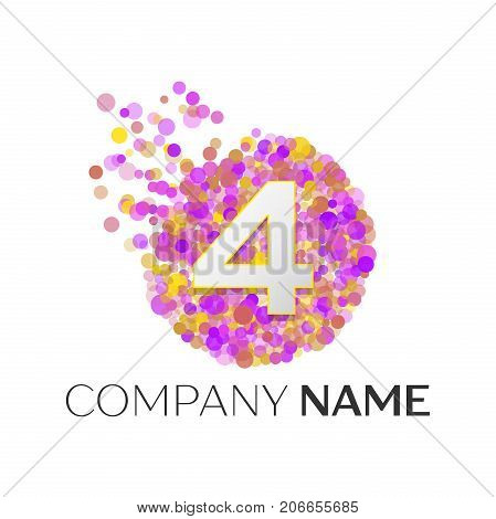 Realistic Number four logo with red, purle, yellow particles and bubble dots in circle on white background. Vector template for your design