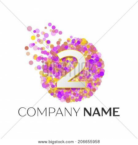 Realistic Number two logo with red, purle, yellow particles and bubble dots in circle on white background. Vector template for your design