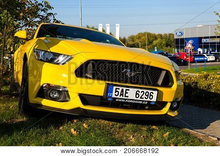 Prague, Czech Republic - September 29: Ford Mustang Car In Front Of Ford Motor Company Dealership Bu