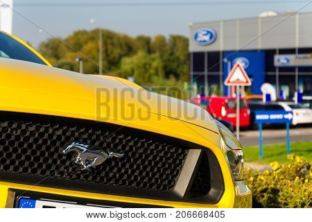 Prague, Czech Republic - September 29: Ford Mustang Car In Front Of Ford Motor Company Dealership Bu