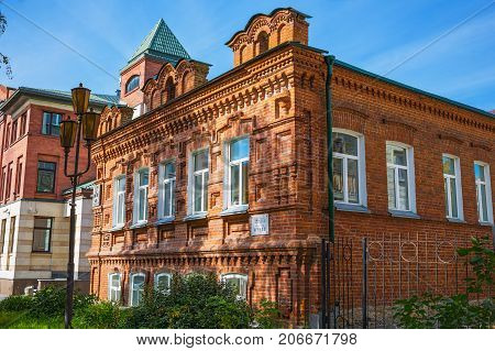 Novosibirsk Siberia Russia - September 17 2017: a two-story brick house ( year of construction 1911) Yadrintsevskaya street 25