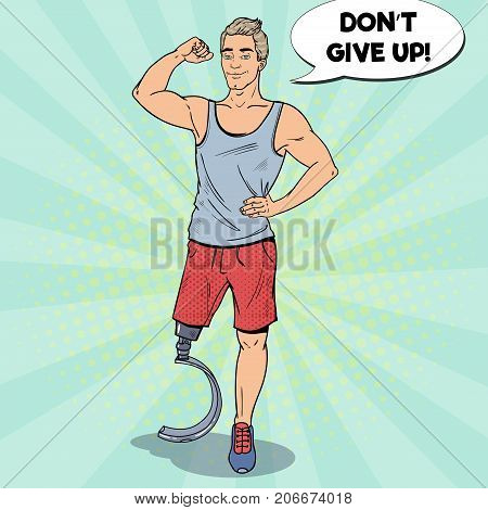 Pop Art Disabled Man with Leg Prosthesis. Handicapped Sport. Paralympic Athlete. Vector illustration