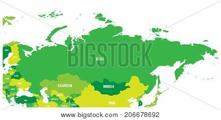 Political map of Russia and surrounding European and Asian countries. Four shades of green map with white labels on white background. Vector illustration.