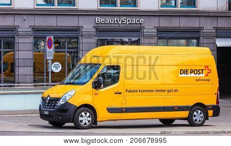 Zurich, Switzerland - 27 September, 2017: a van of the Swiss Post parked on Gessnerallee street. The Swiss Post is the national postal service of Switzerland, being a public company owned by the Swiss Confederation.