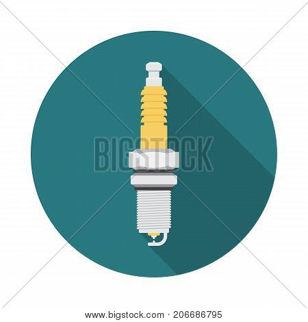 Spark plug circle icon with long shadow. Flat design style. Spark plug simple silhouette. Modern minimalist round icon in stylish colors. Web site page and mobile app design vector element.
