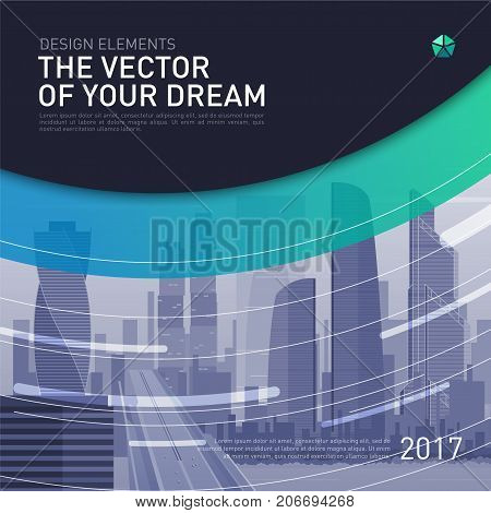 Design element for corporate graphic layout. Modern abstract geometry background template design whith colored cityscape vector illustration for investment, business, real estate, construction.