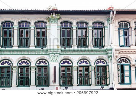 Rows of colonial style shop houses seen at Tanjong Pagar near Chinatown in Singapore.