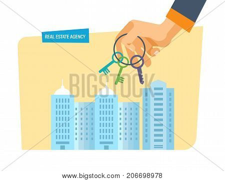 Real estate agency. City street in background of houses. Working, business deals, real estate contract deals. Business property investment. Buying, selling houses. Vector illustration isolated.