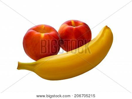 Fresh banana and peaches isolated on white background under pruning, vegetarian healthy eating