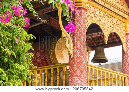 Decorated Drum In The Temple Wat Sensoukaram In Louangphabang, Laos. Close-up. Vertical.