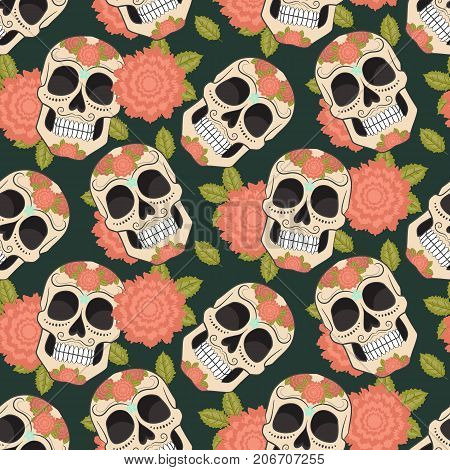 Seamless with sugar skulls. The vector version. Day of the dead.