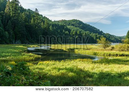 Shallow Water In Goldstream Provincial Park With Mountains On Background And Cloudy Sky.