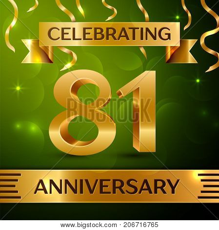 Realistic Eighty one Years Anniversary Celebration Design. Confetti and gold ribbon on green background. Colorful Vector template elements for your birthday party. Anniversary ribbon