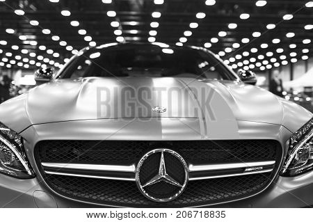 Sankt-Petersburg Russia July 21 2017: Front view of a Mercedes Benz C 63s AMG coupe. Car exterior details. Photo Taken on Royal Auto Show July 21