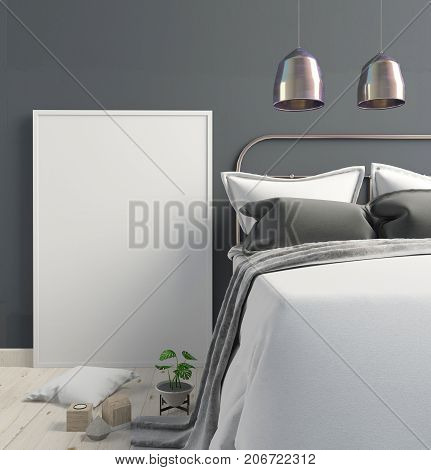 Mock up poster in bedroom interior. Bedroom Scandinavian style. 3d illustration