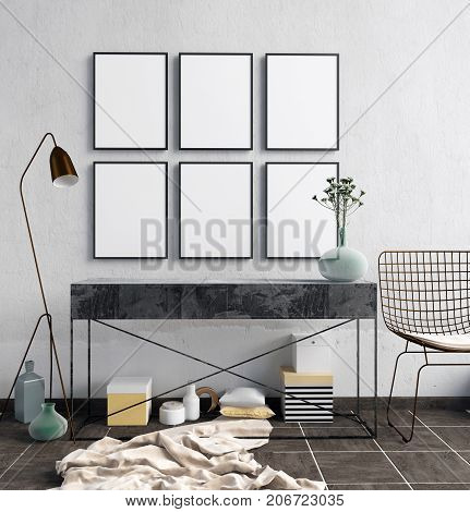 3D illustration of modern interior with shelving posters and lamps. poster mock up