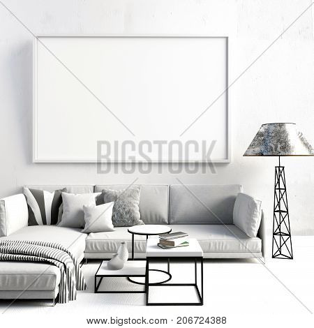 Mock up poster in interior with coffee table and sofa. living room. resting place. modern style. 3d illustration