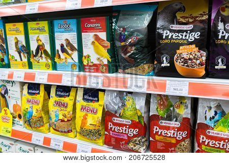 Zelenograd, Russia - September 15. 2017. Food for birds in a Four paws pet store at mall Panfilov